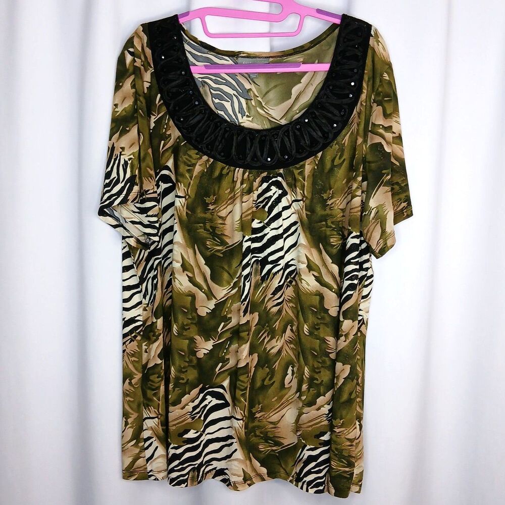 Essentials Safari Animal Print Blouse Embellished Neck Relaxed Stretch Womens 1X